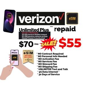 Verizon 5G $70 Unlimited Plan with eSim iPhone instant Activation or Simcard